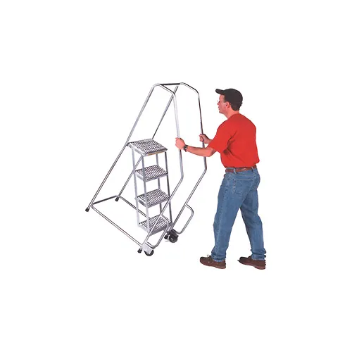 4 Step 18"W Aluminum Tilt and Roll Ladder - Heavy Duty Serrated Grating - A4SHG-TR