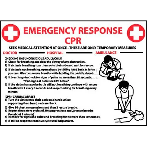 NMC M459RB Sign, CPR Emergency Response, 10" X 14", White/Red/Black