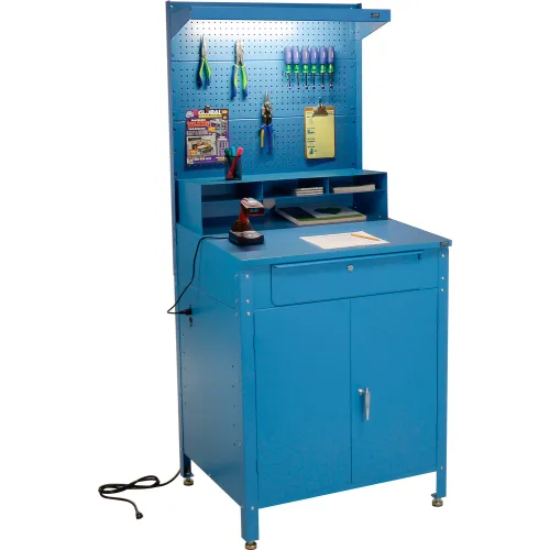 Global Industrial™ Cabinet Shop Desk w/ Pegboard, Riser & Top Shelf, 34-1/2"W x 30"D, Blue