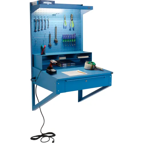 Global Industrial™ Wall Mount Shop Desk w/ Pegboard & Top Shelf, 34-1/2"W x 30"D, Blue