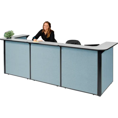 Interion® U-Shaped Reception Station, 124"W x 44"D x 44"H, Gray counter, Blue Panel