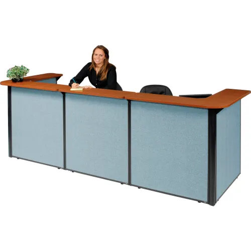 Interion® U-Shaped Reception Station With Cherry Counter & Blue Paneling, 124"W x 44"D x 44"H