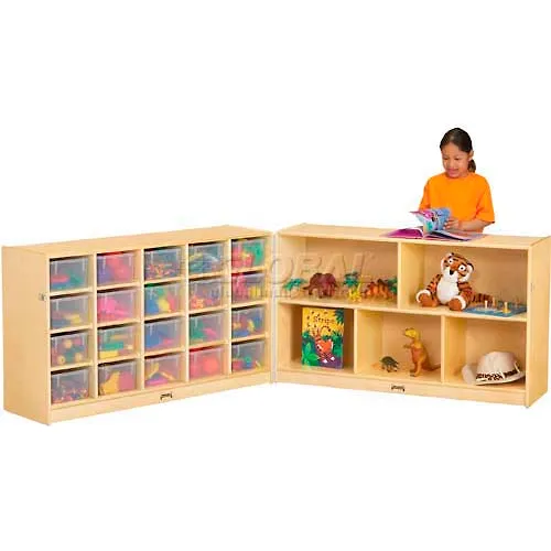 Jonti-Craft® 20 Cubbie Mobile Fold-N-Lock w/Clear Trays, 96"W x 15"D x 29-1/2"H, Birch Plywood