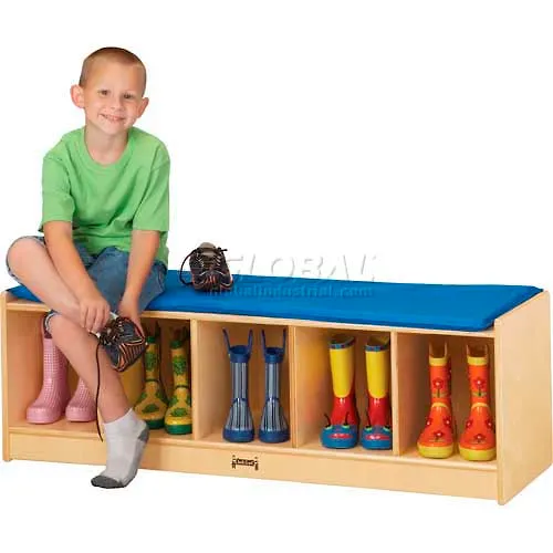 Jonti-Craft® Kid Bench Locker, 5 Wide, Blue Cushion, 48"W x 15"D x 16"H, Birch Plywood