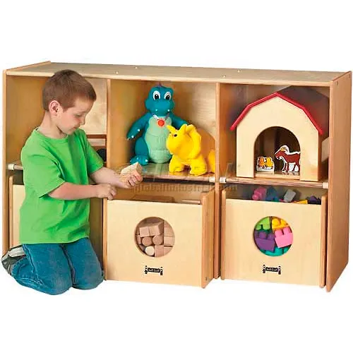 Jonti-Craft® See-N-Wheel Shelf, with 3 See-N-Wheel Bins, 48"W x 18"D x 28-1/2"H, Birch Plywood