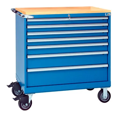 Lista® 7 Drawer 40-1/4" Shallow Depth Mobile Cabinet w/Butcher Top-Bright Blue, Individual Lock
