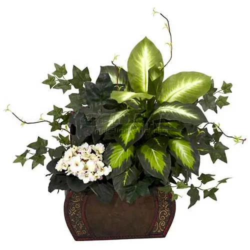 Nearly Natural African Violet, Dieffenbachia & Ivy with Chest Silk Plant