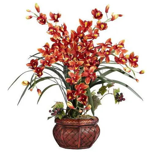 Nearly Natural Cymbidium with Decorative Vase Silk Arrangement, Burgundy