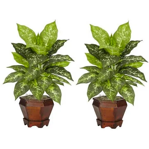 Nearly Natural Dieffenbachia with Wood Vase Silk Plant (Set of 2), Variegated