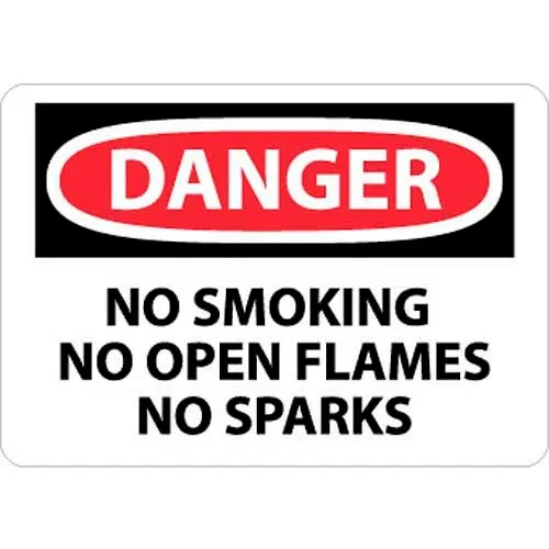 NMC D458P OSHA Sign, Danger No Smoking No Open Flames No Sparks, 7" X 10", White/Red/Black