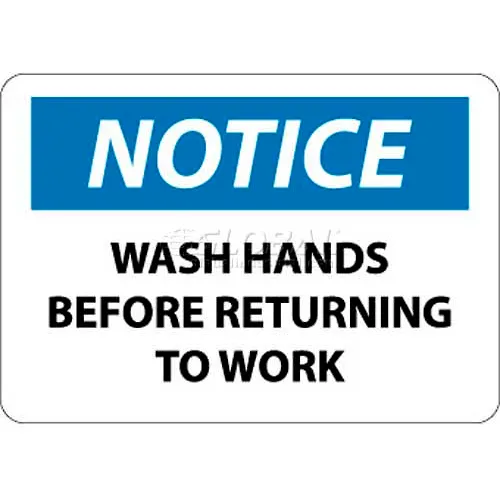 NMC N43RB OSHA Sign, Notice Wash Hands Before Returning To Work, 10" X 14", White/Blue/Black