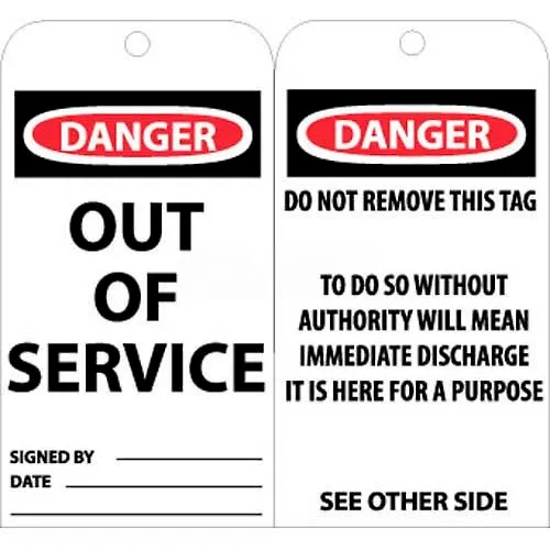 NMC RPT146 Tags, Out Of Service, 6" X 3", White/Red/Black, 25/Pk