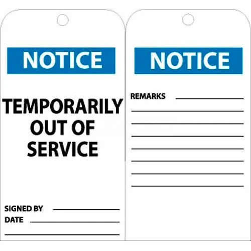 NMC RPT148 Tags, Temporarily Out Of Service, 6" X 3", White/Blue, 25/Pk