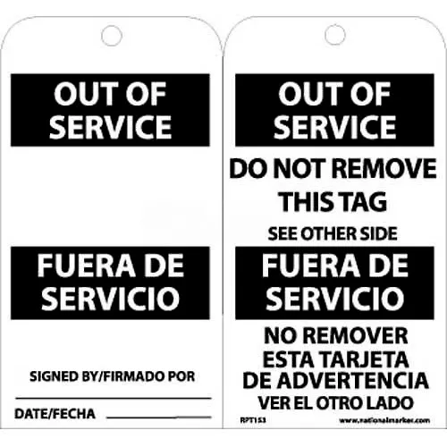 NMC RPT153 Tags, Out Of Service, Bilingual, 6" X 3", White/Black, 25/Pk