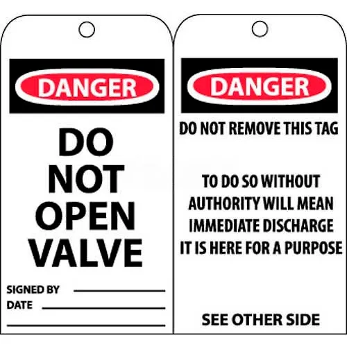 NMC RPT18 Tags, Danger Do Not Open Valve, 6" X 3", White/Red/Black, 25/Pk
