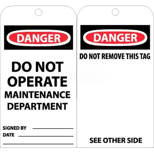 NMC RPT2 Tags, Danger Do Not Operate Maintenance Dept, 6" X 3", White/Red/Black, 25/Pk