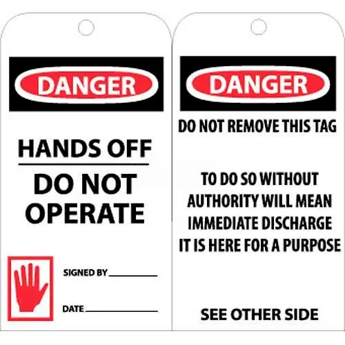 NMC RPT33 Tags, Danger Hands Off Do Not Operate, 6" X 3", White/Red/Black, 25/Pk