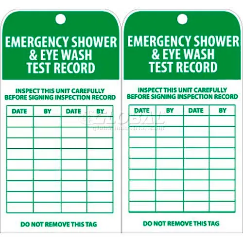 NMC RPT37 Tags, Emergency Shower And Eye Wash Test Record, 6" X 3", White/Green, 25/Pk