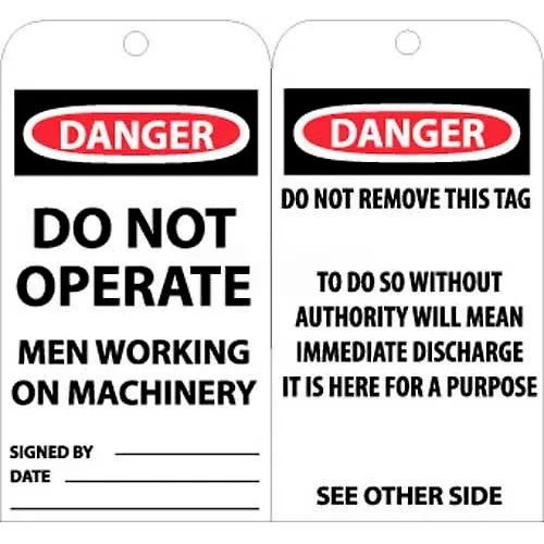 NMC RPT4 Tags, Danger Do Not Operate Men Working On Machinery, 6" X 3", White/Red/Black, 25/Pk