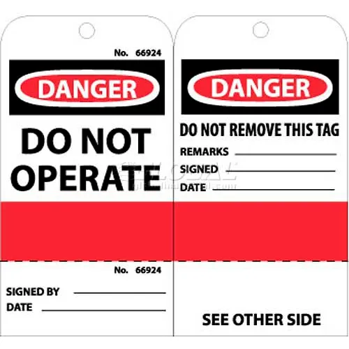 NMC RPT499 Tags, Do Not Operate (Perforated), 6" X 3", White/Red/Black, 25/Pk