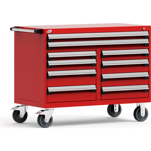 Rousseau Metal® Mobile Cabinet, 10 Drawers, 48"W x 27"D x 37-1/2"H, Red