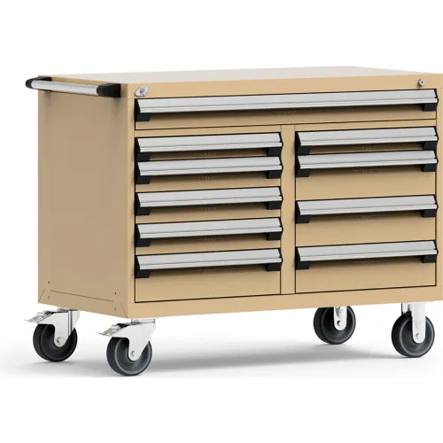 Rousseau Metal® Mobile Cabinet, 10 Multi Drawers, 48"W x 27"D x 37-1/2"H, Light Gray