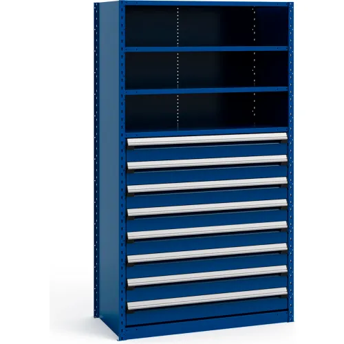 Rousseau Metal Steel Shelving 48-5/8"Wx24"Dx87"H Closed 5 Shelf 8 Drawer Gray With Blue Drawers