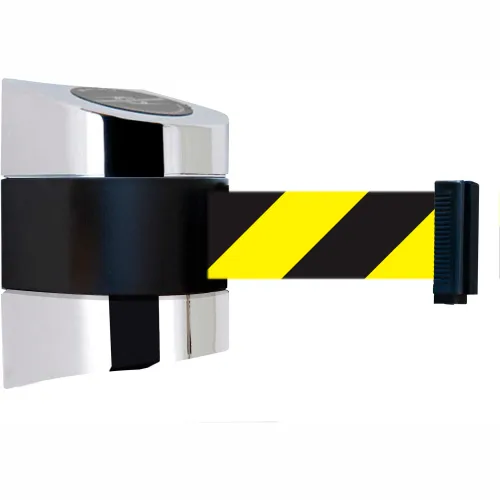 Tensabarrier®Wall Mount Retractable Belt Barrier, 30' Black/Yellow Belt, Chrome Case